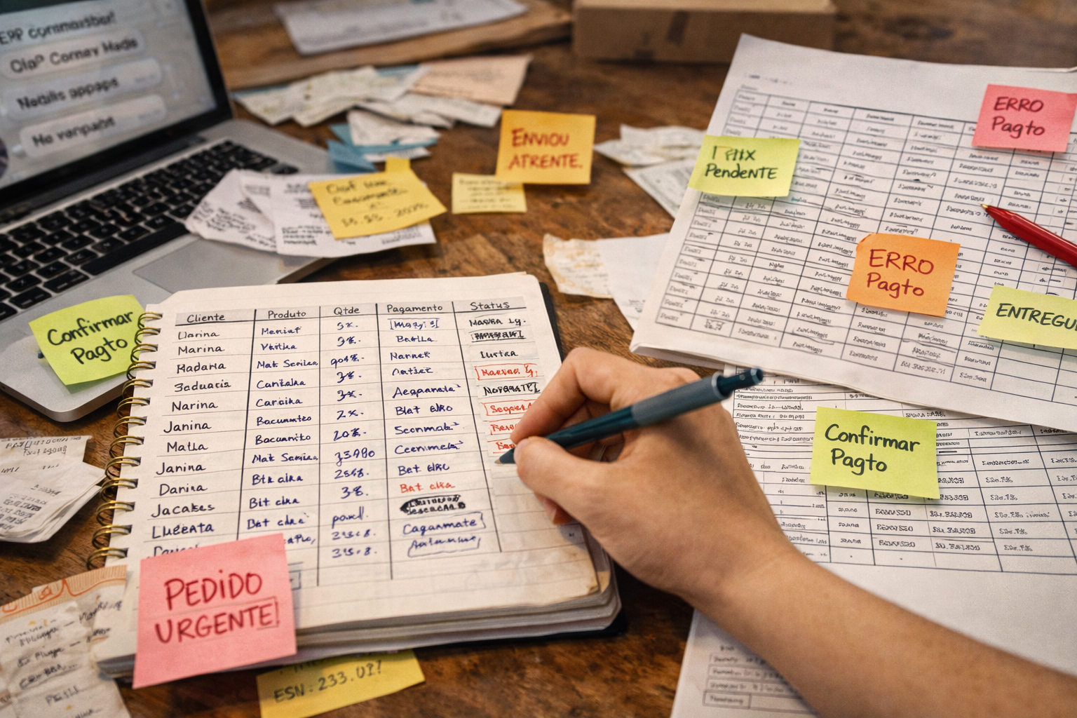 Processos manuais como caderno e planilha para organizar pedidos no WhatsApp